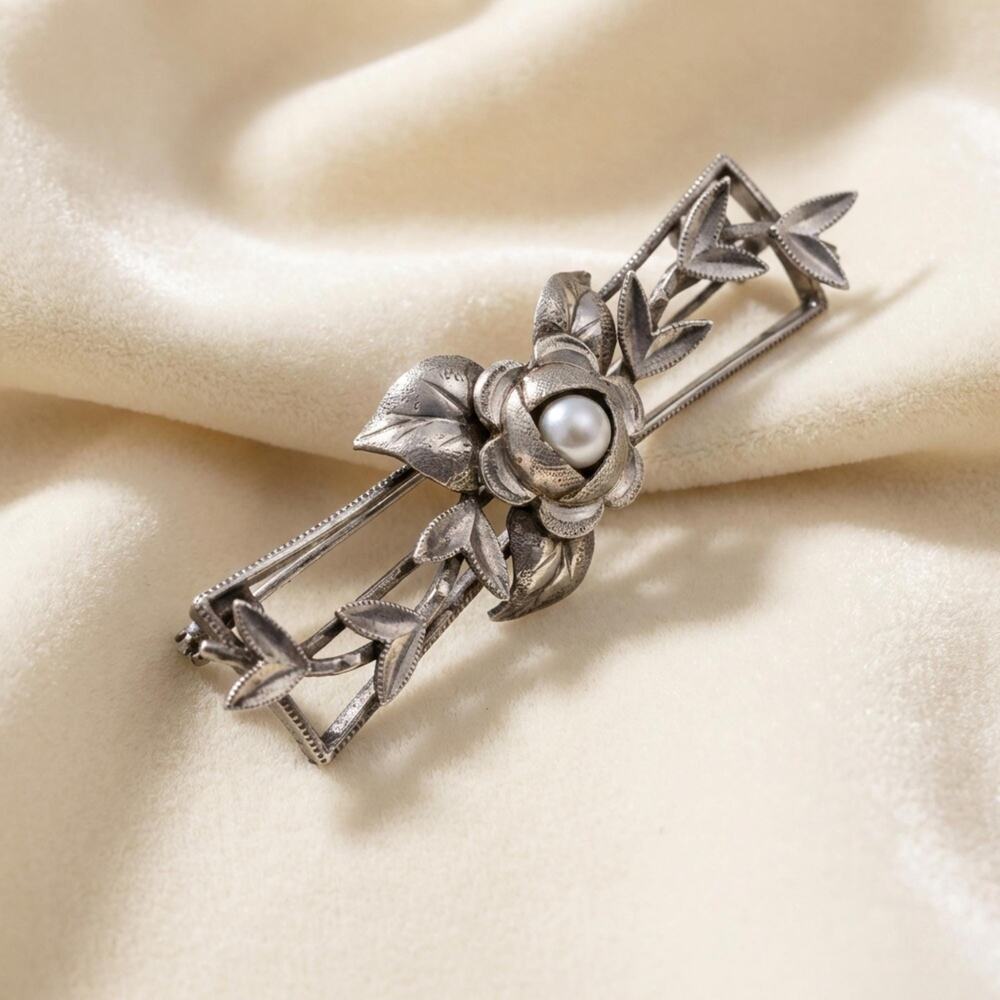Vintage 925 Sterling Silver Floral Rose Brooch Genuine Pearl 2 in Pin